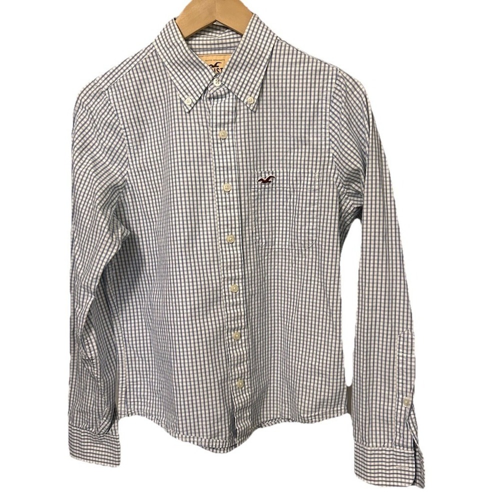 Hollister Men's Small White Blue Stripes Button Down Shirt Long Sleeve Collared